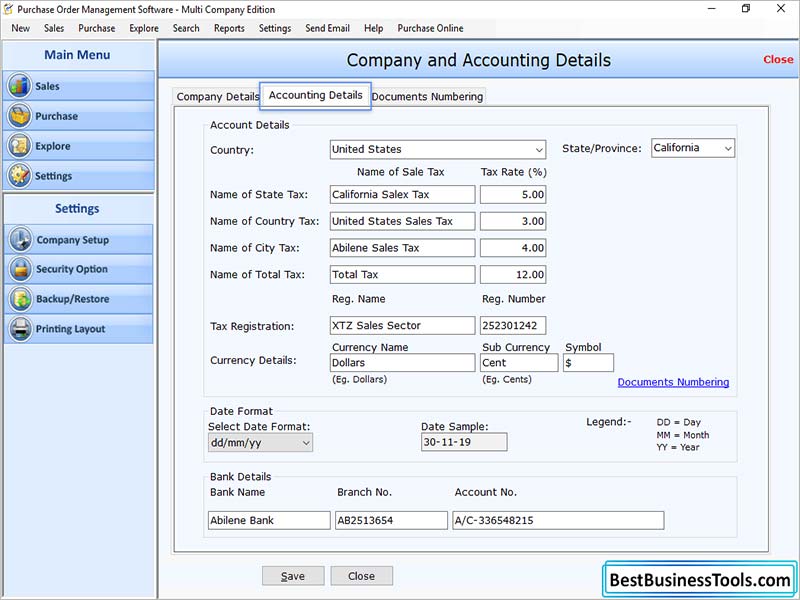 Purchase, order, tool, manage, sales, maintains, information, program, generate, invoice, records, finance, forms, calculate, inventory, stock, details, organizer, estimate, bills, sold, data, business, software, create, accounts, database, reports