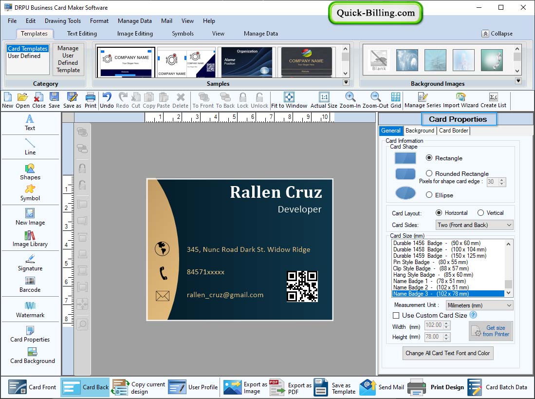 card properties Business Card Maker Software