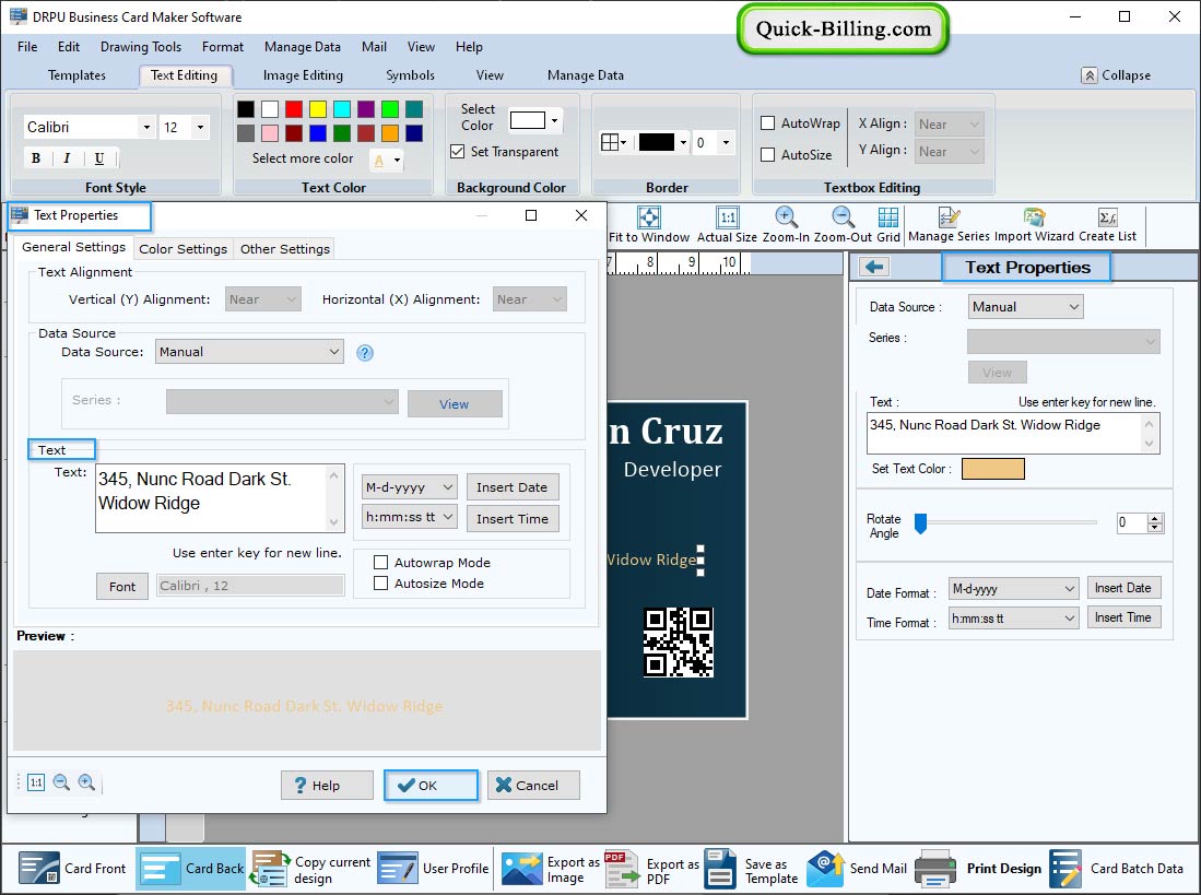 Text Properties Business Card Maker Software
