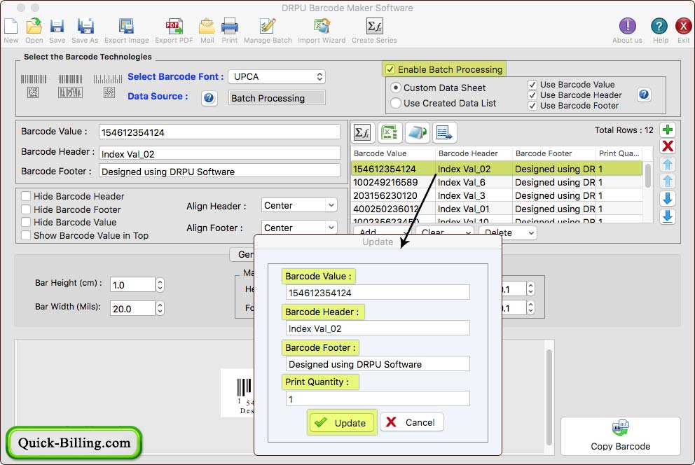Update any particular Barcode Values Update any particular Barcode Values