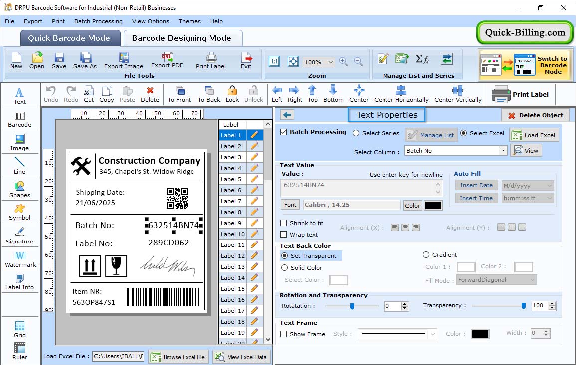 Text Properties Barcode Maker Software for Manufacturing Industry