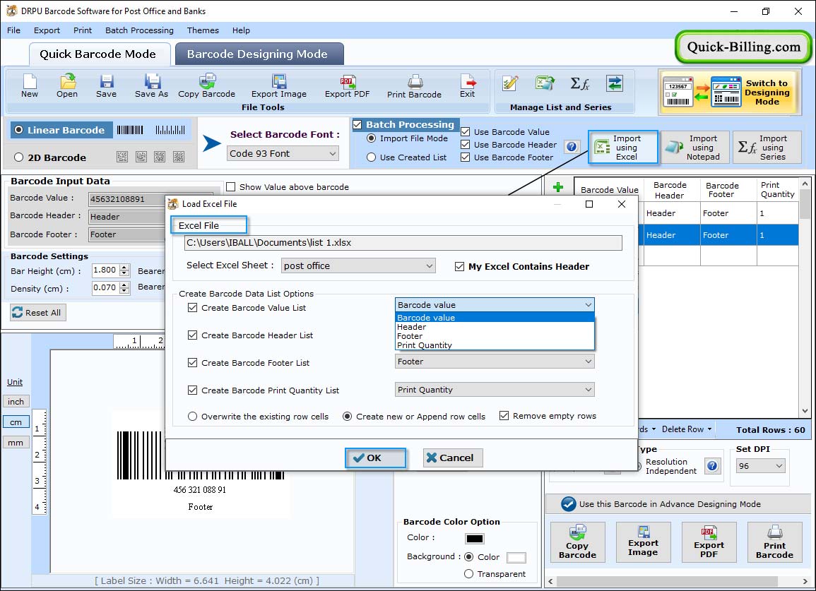 Import file using Excel Barcode Maker Software for Post Office
