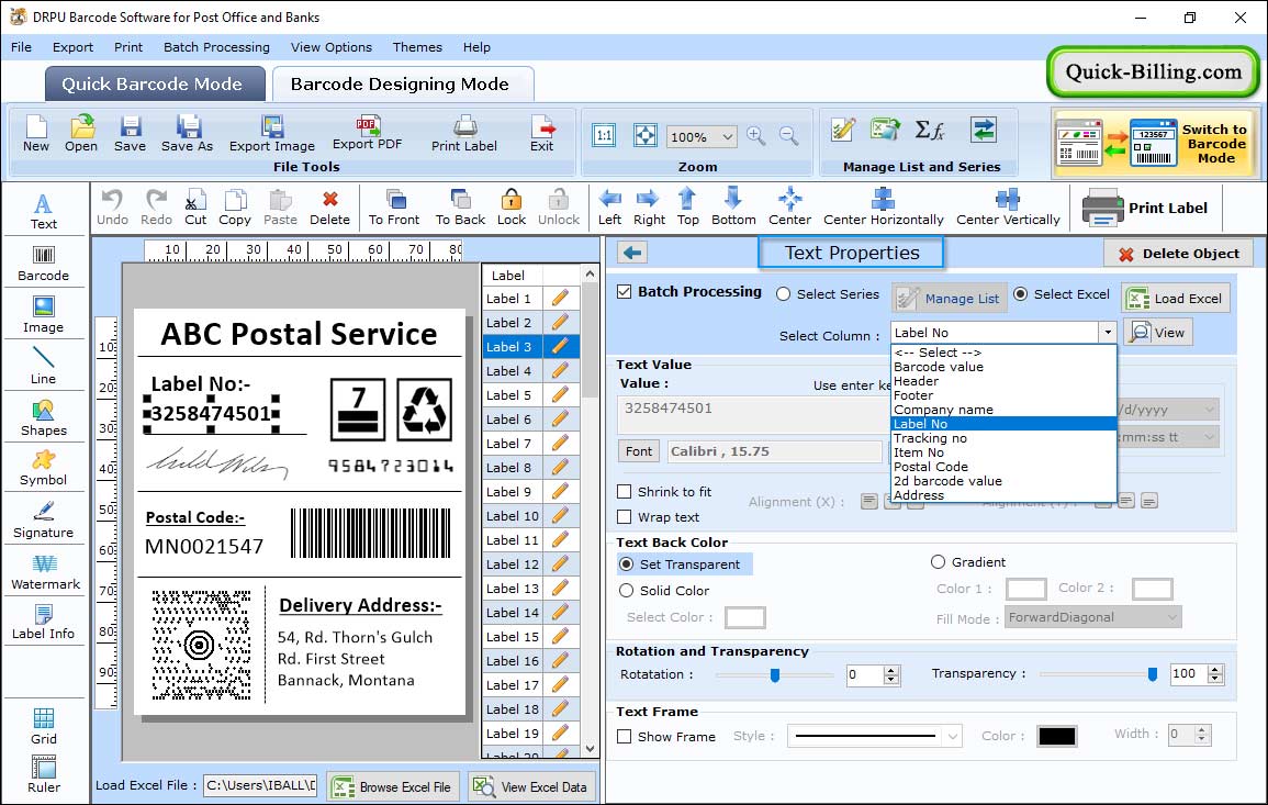 text property Barcode Maker Software for Post Office
