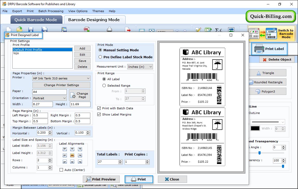 Print Setting Property Barcode Maker Software for Publishers and Library