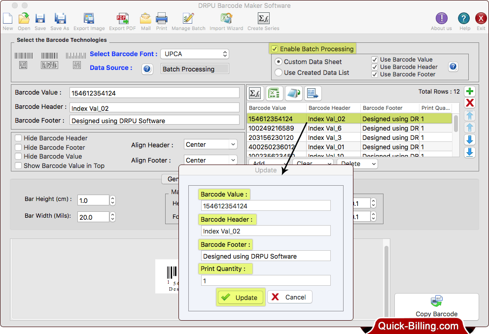 Update any particular Barcode Values